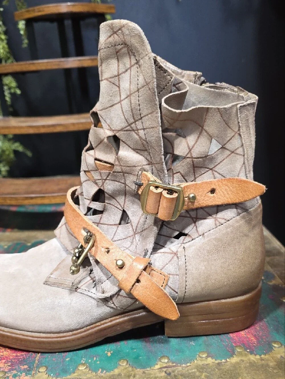 A.S.98 Taupe Ankle Boots with Tan Buckle Straps